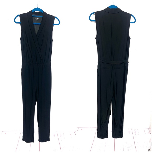 |•LOFT•| Ann Taylor Black Jumpsuit Elastic Waist Belted Size 0 - Picture 1 of 8